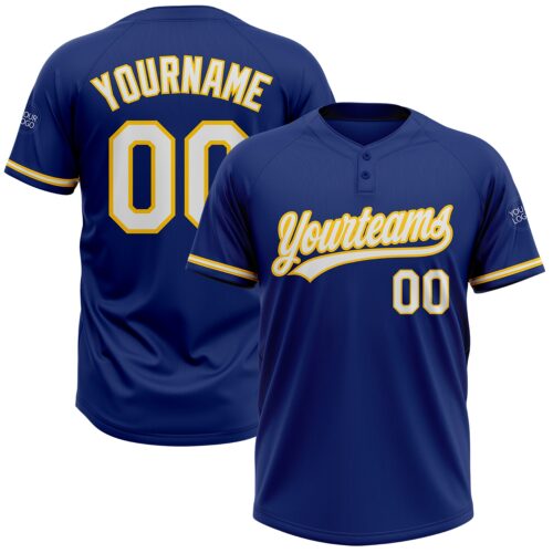 Softball0460 Custom Royal White-Yellow Two-Button Unisex Softball Jersey