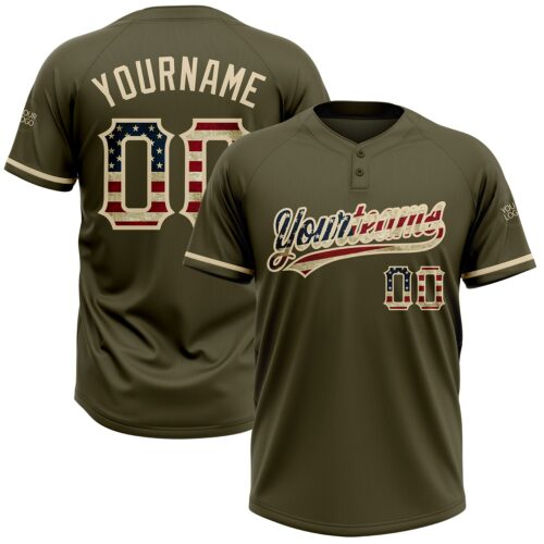 Softball0492 Custom Olive Vintage USA Flag-City Cream Salute To Service Two-Button Unisex Softball Jersey