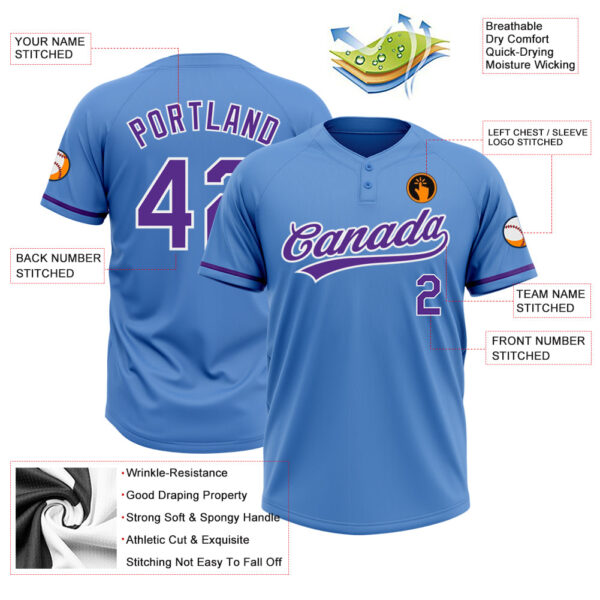 Custom Powder Blue Purple-White Two-Button Unisex Softball Jersey