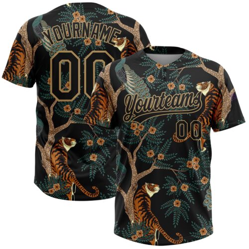 Softball0566 Custom Black Old Gold 3D Pattern Tiger And Peacock Two-Button Unisex Softball Jersey