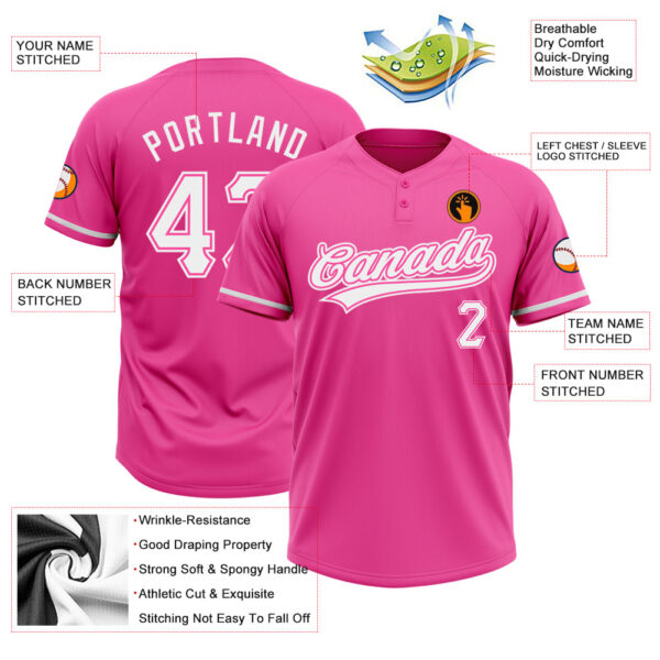 Custom Pink White Two-Button Unisex Softball Jersey