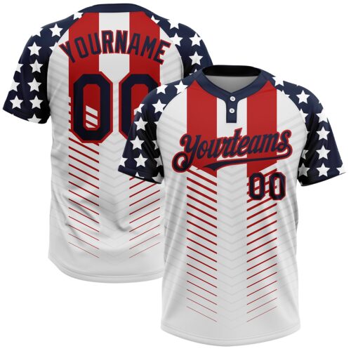 Softball0669 Custom White Navy-Red 3D American Flag Fashion Two-Button Unisex Softball Jersey