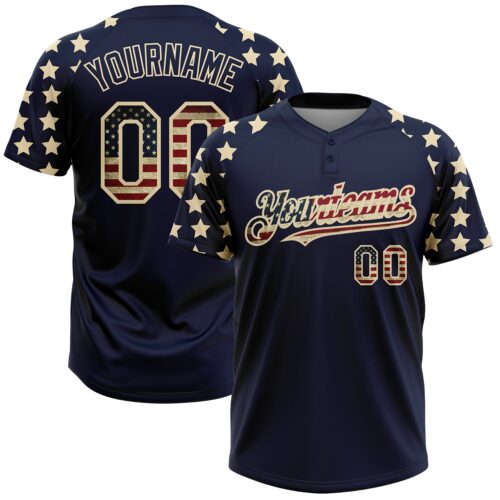Softball0673 Custom Navy Vintage USA Flag-Cream 3D American Flag Fashion Two-Button Unisex Softball Jersey