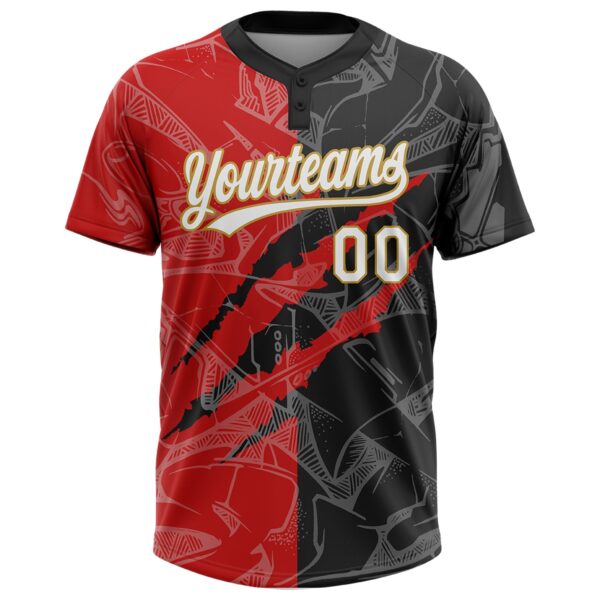 Custom Graffiti Pattern Black Red-Old Gold 3D Two-Button Unisex Softball Jersey