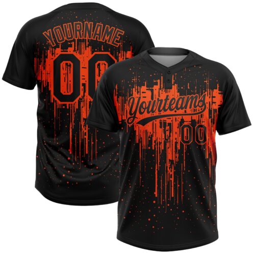 Softball0701 Custom Black Orange 3D Pattern Dripping Splatter Art Two-Button Unisex Softball Jersey