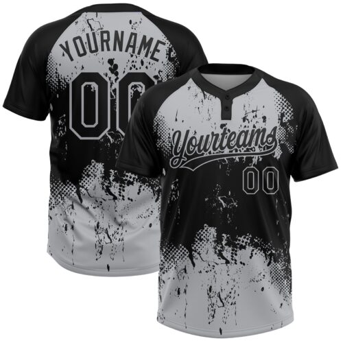 Softball0708 Custom Black Gray 3D Pattern Abstract Splatter Grunge Art Two-Button Unisex Softball Jersey