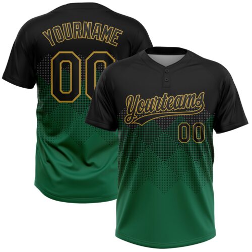 Softball0746 Custom Black Kelly Green-Old Gold 3D Pattern Gradient Square Shapes Two-Button Unisex Softball Jersey