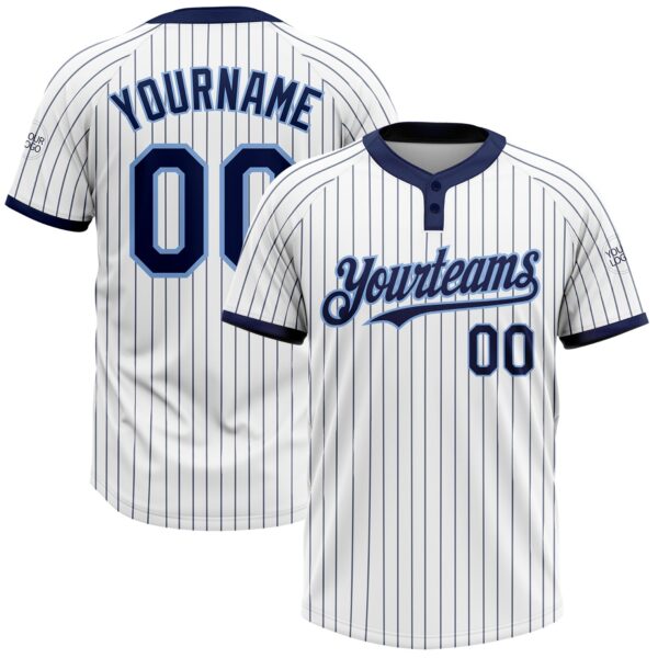 Custom White Navy Pinstripe Light Blue Two-Button Unisex Softball Jersey