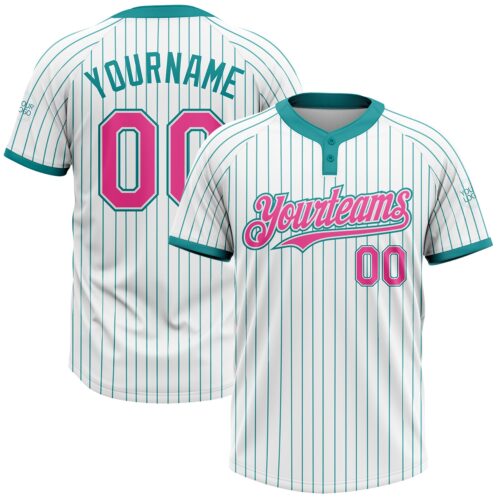 Softball0829 Custom White Teal Pinstripe Pink Two-Button Unisex Softball Jersey