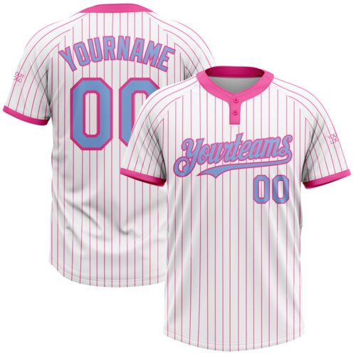 Softball0852 Custom White Pink Pinstripe Light Blue Two-Button Unisex Softball Jersey