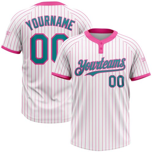 Softball0854 Custom White Pink Pinstripe Teal Two-Button Unisex Softball Jersey