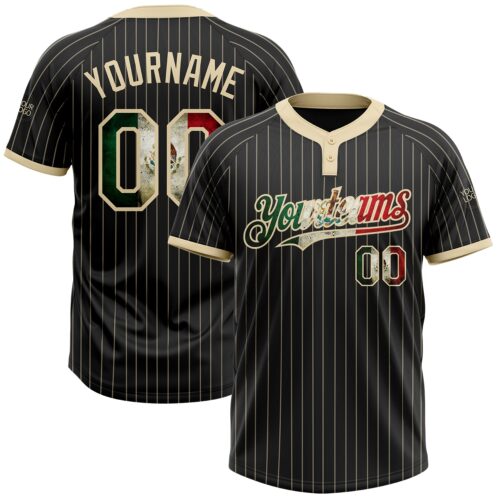 Softball0934 Custom Black Cream Pinstripe Vintage Mexican Flag Two-Button Unisex Softball Jersey