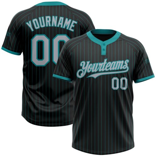 Softball0943 Custom Black Teal Pinstripe Gray Two-Button Unisex Softball Jersey