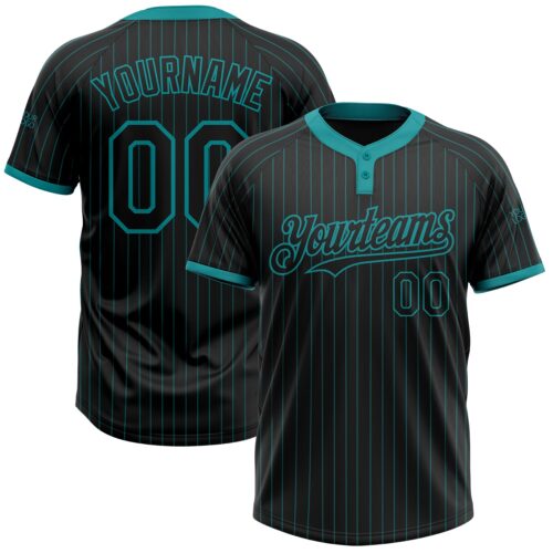 Softball0944 Custom Black Teal Pinstripe Teal Two-Button Unisex Softball Jersey