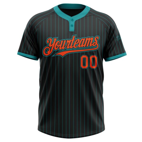 Custom Black Teal Pinstripe Orange Two-Button Unisex Softball Jersey