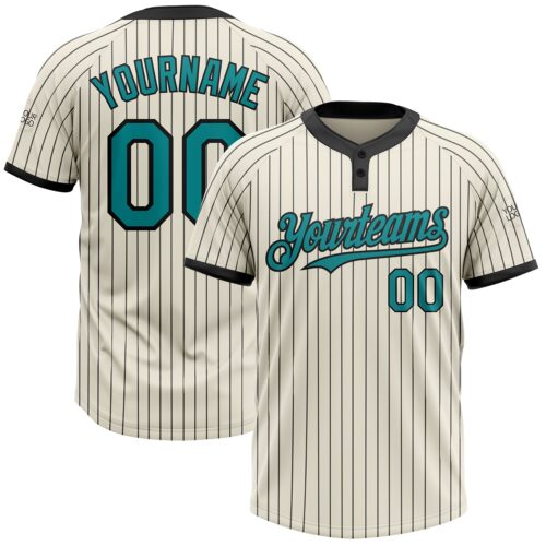 Softball1045 Custom Cream Black Pinstripe Teal Two-Button Unisex Softball Jersey