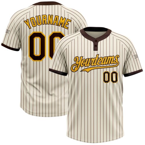 Softball1099 Custom Cream Brown Pinstripe Gold Two-Button Unisex Softball Jersey