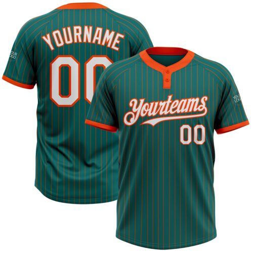 Softball1191 Custom Teal Orange Pinstripe White Two-Button Unisex Softball Jersey