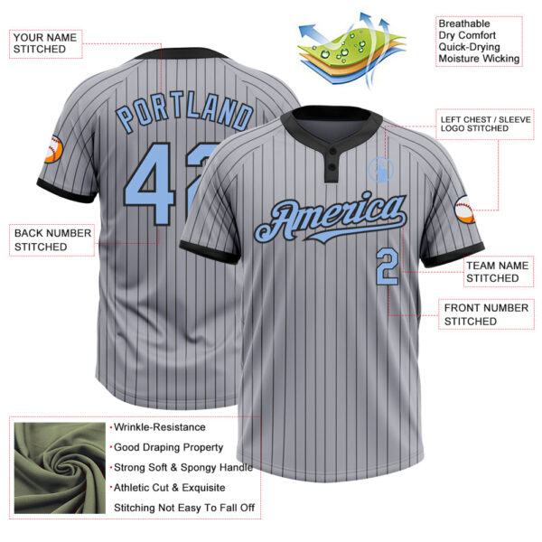 Custom Gray Black Pinstripe Light Blue Two-Button Unisex Softball Jersey