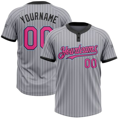 Softball1227 Custom Gray Black Pinstripe Pink-Light Blue Two-Button Unisex Softball Jersey
