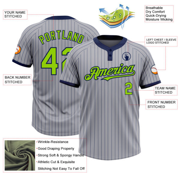 Custom Gray Navy Pinstripe Neon Green Two-Button Unisex Softball Jersey