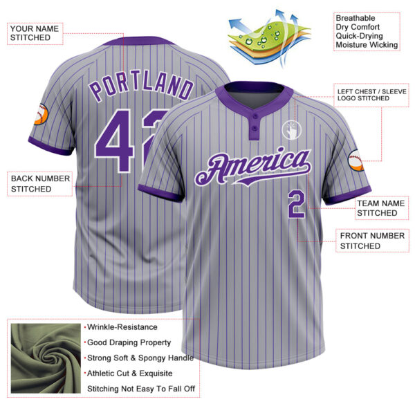 Custom Gray Purple Pinstripe White Two-Button Unisex Softball Jersey