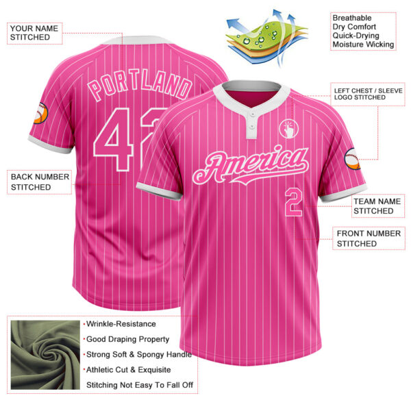 Custom Pink White Pinstripe White Two-Button Unisex Softball Jersey
