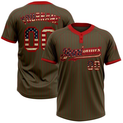 Softball1263 Custom Olive Red Pinstripe Vintage USA Flag Salute To Service Two-Button Unisex Softball Jersey