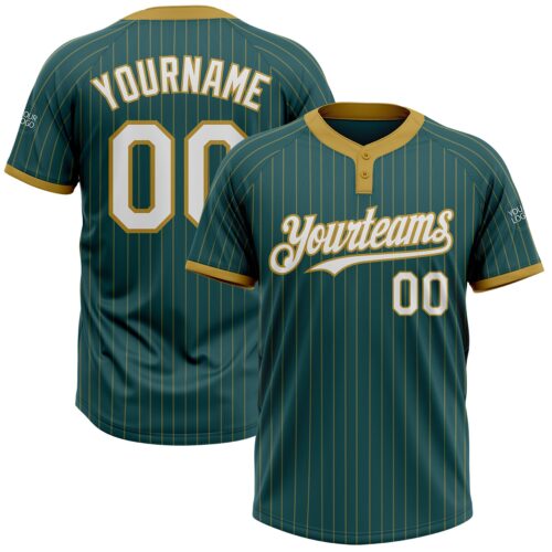 Softball1300 Custom Midnight Green Old Gold Pinstripe White Two-Button Unisex Softball Jersey