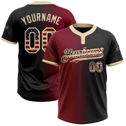 Softball1403 Custom Black Vintage USA Flag Crimson-City Cream Gradient Fashion Two-Button Unisex Softball Jersey