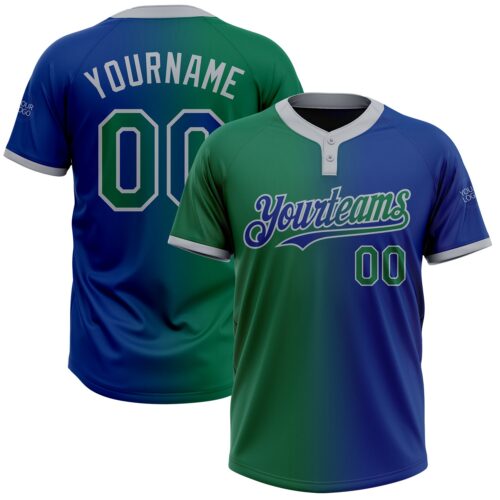 Softball1436 Custom Royal Kelly Green-Gray Gradient Fashion Two-Button Unisex Softball Jersey