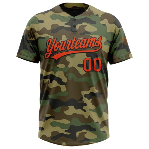 Custom Camo Orange-Black Salute To Service Two-Button Unisex Softball Jersey