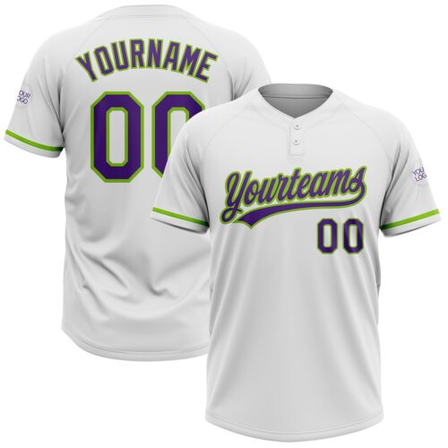 Custom White Purple-Neon Green Two-Button Unisex Softball Jersey