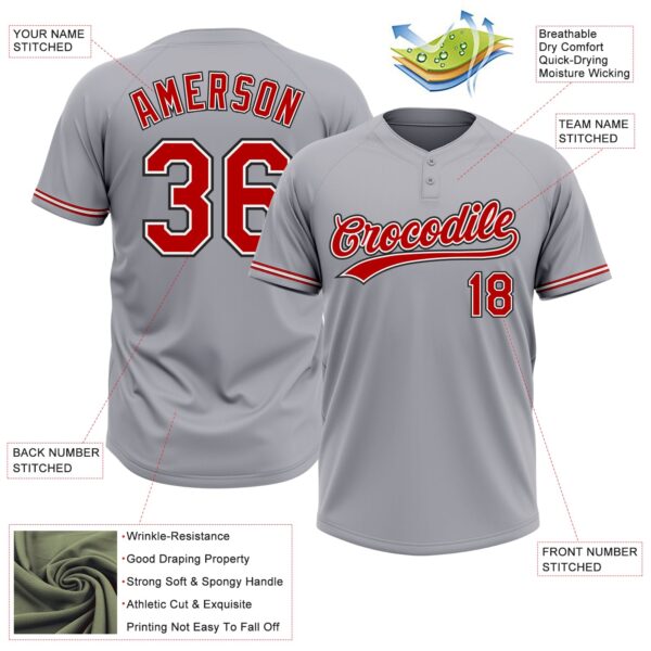 Custom Gray Red-Black Two-Button Unisex Softball Jersey