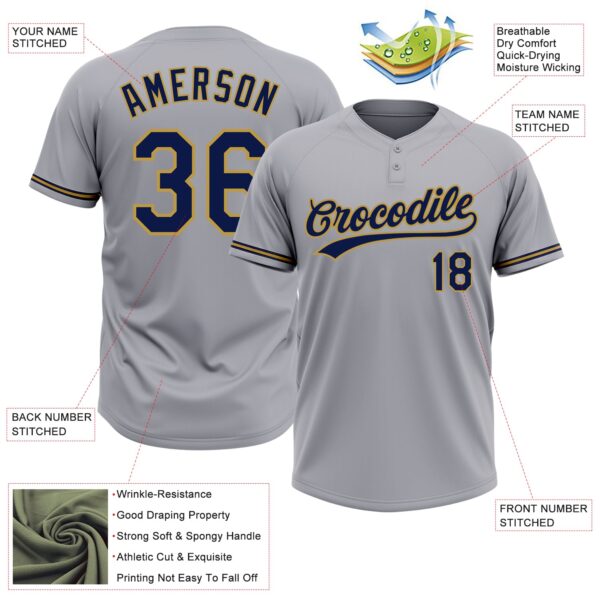 Custom Gray Navy-Old Gold Two-Button Unisex Softball Jersey