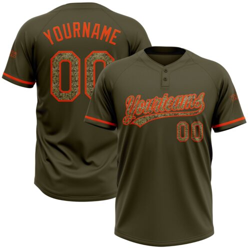 Softball1641 Custom Olive Camo-Orange Salute To Service Two-Button Unisex Softball Jersey