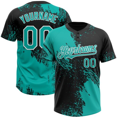 Softball1681 Custom Aqua Black-White 3D Pattern Abstract Brush Stroke Two-Button Unisex Softball Jersey