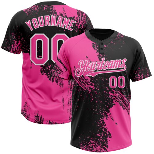 Softball1686 Custom Pink Black-White 3D Pattern Abstract Brush Stroke Two-Button Unisex Softball Jersey