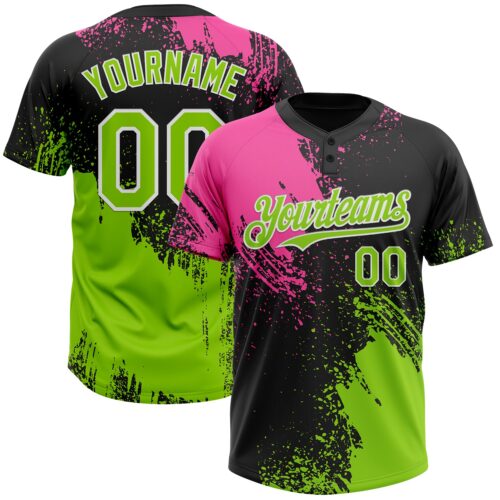 Softball1689 Custom Black Neon Green-Pink 3D Pattern Abstract Brush Stroke Two-Button Unisex Softball Jersey