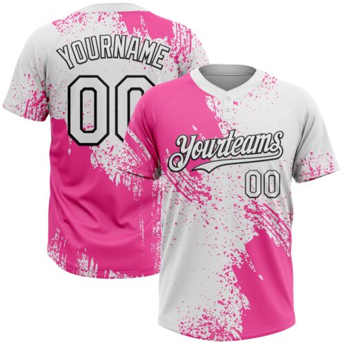 Softball1700 Custom Pink White-Black 3D Pattern Abstract Brush Stroke Two-Button Unisex Softball Jersey