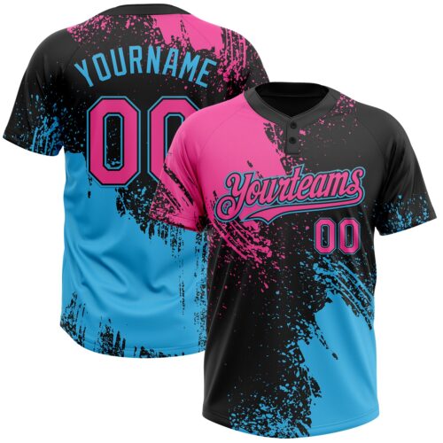 Softball1709 Custom Black Pink-Sky Blue 3D Pattern Abstract Brush Stroke Two-Button Unisex Softball Jersey