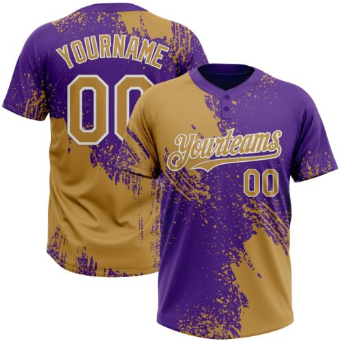 Softball1728 Custom Old Gold Purple-White 3D Pattern Abstract Brush Stroke Two-Button Unisex Softball Jersey
