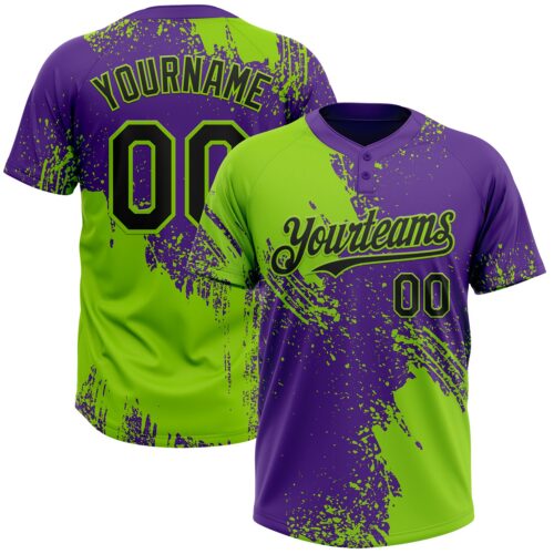 Softball1730 Custom Neon Green Black-Purple 3D Pattern Abstract Brush Stroke Two-Button Unisex Softball Jersey