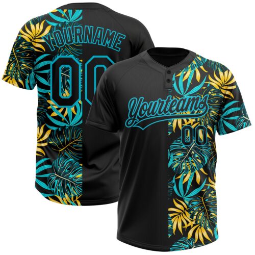 Softball1735 Custom Black Lakes Blue 3D Pattern Hawaii Tropical Palm Leaves Two-Button Unisex Softball Jersey