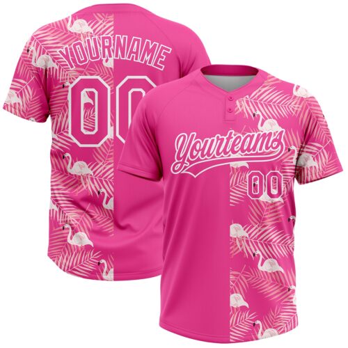 Softball1736 Custom Pink White 3D Pattern Tropical Palm Leaves And Famingo Two-Button Unisex Softball Jersey