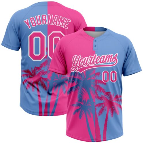 Softball1737 Custom Pink Light Blue-White 3D Pattern Hawaii Coconut Trees Two-Button Unisex Softball Jersey