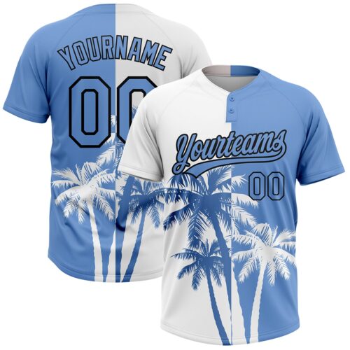 Softball1738 Custom White Light Blue-Black 3D Pattern Hawaii Coconut Trees Two-Button Unisex Softball Jersey