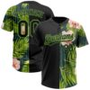 Custom Black Neon Green 3D Pattern Hawaii Tropical Palm Leaves With Orchids Two-Button Unisex Softball Jersey