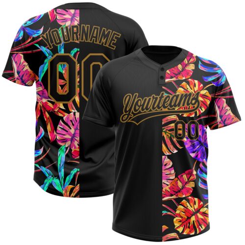 Softball1746 Custom Black Old Gold 3D Pattern Hawaii Tropical Palm Leaves Two-Button Unisex Softball Jersey