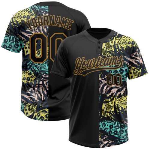 Softball1747 Custom Black Old Gold 3D Pattern Hawaii Tropical Palm Leaves With Animal Print Two-Button Unisex Softball Jersey